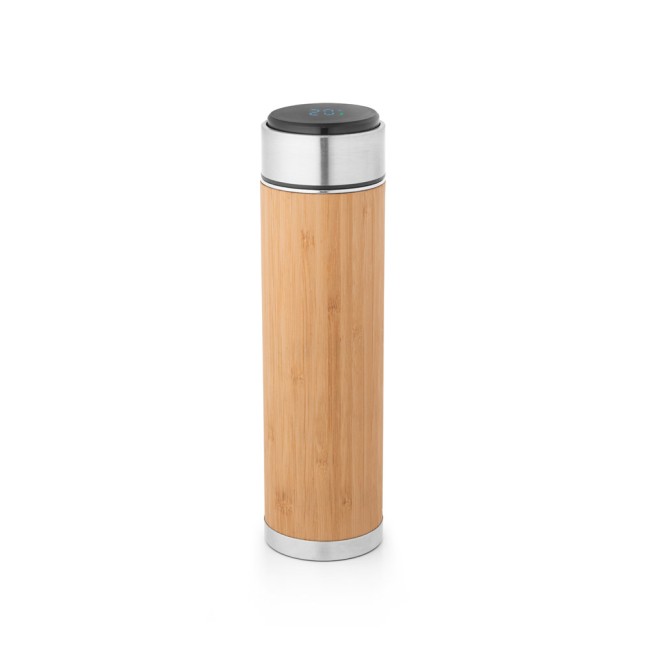 Garrafa térmica em aço inox e bambu, de parede dupla isolada a vácuo, com termómetro digital (430 mL) com logotipo
