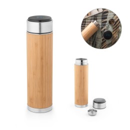 Garrafa térmica em aço inox e bambu, de parede dupla isolada a vácuo, com termómetro digital (430 mL) com logotipo