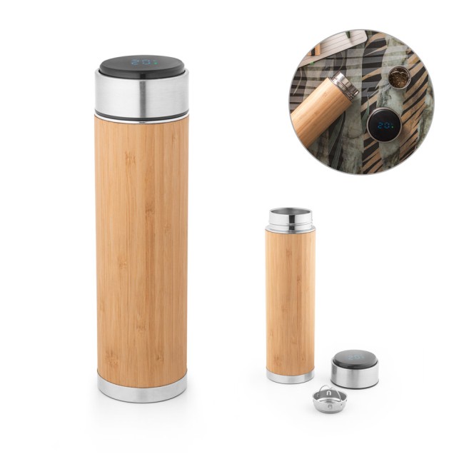 Garrafa térmica em aço inox e bambu, de parede dupla isolada a vácuo, com termómetro digital (430 mL) com logotipo