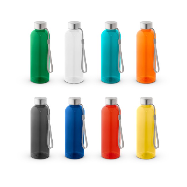 Squeeze em PET 100% reciclado com pega em corda (580 mL) com logotipo
