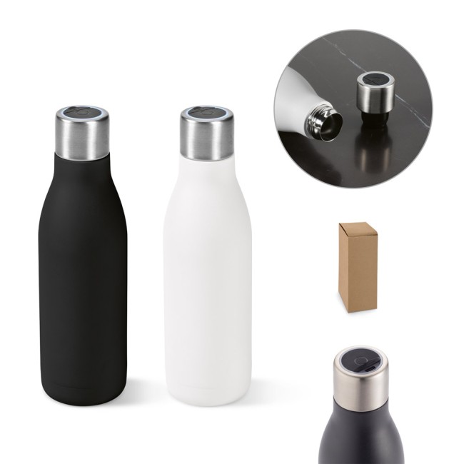 Garrafa térmica em aço inox 90% reciclado de parede dupla com sistema de auto-sanitização UV (500 mL) com logotipo