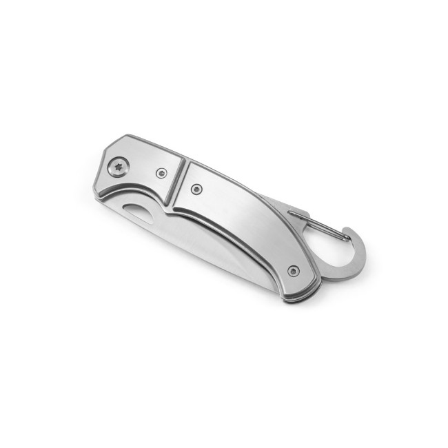 Canivete em aço inox e metal com fecho de segurança com logotipo
