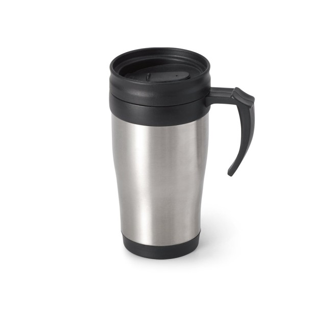 Caneca de viagem térmica de aço inox e PP, de parede dupla isolada a ar (420 mL) com logotipo