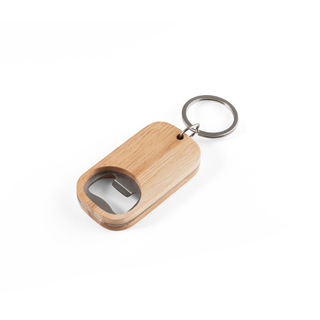 Chaveiro em aço inox e bambu com abridor de garrafas promocional