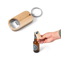 Chaveiro em aço inox e bambu com abridor de garrafas promocional