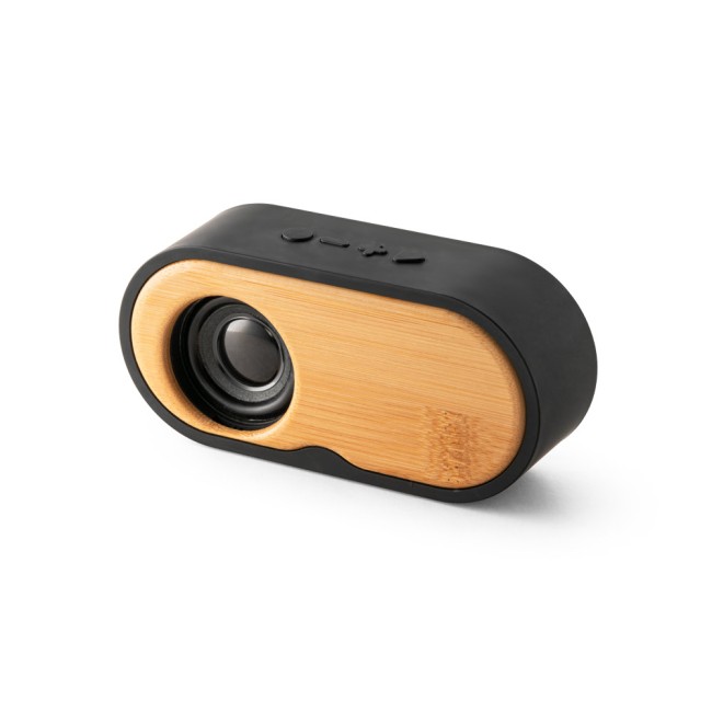 Caixa de som portátil com autonomia de 5h (1'200 mAh), em bambu e ABS 100% reciclado com logotipo