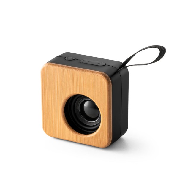 Caixa de som portátil com autonomia de 4h (500 mAh), em bambu e ABS 100% reciclado com logotipo