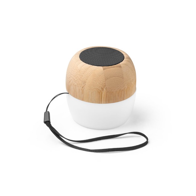 Caixa de som portátil com microfone e autonomia de 2h (300 mAh), em bambu e PP corporativo