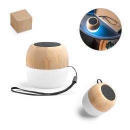 Caixa de som portátil com microfone e autonomia de 2h (300 mAh), em bambu e PP corporativo