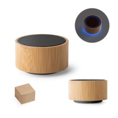 Caixa de som portátil com microfone e autonomia de 2h (300 mAh), em bambu e ABS com logotipo