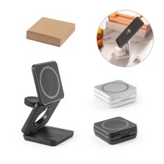 Carregador magnético por indução super-rápido (wireless), dobrável, que permite carregar três dispositivos simultaneamente, em ABS 100% reciclado personalizado