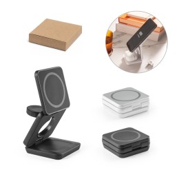 Carregador magnético por indução super-rápido (wireless), dobrável, que permite carregar três dispositivos simultaneamente, em ABS 100% reciclado personalizado