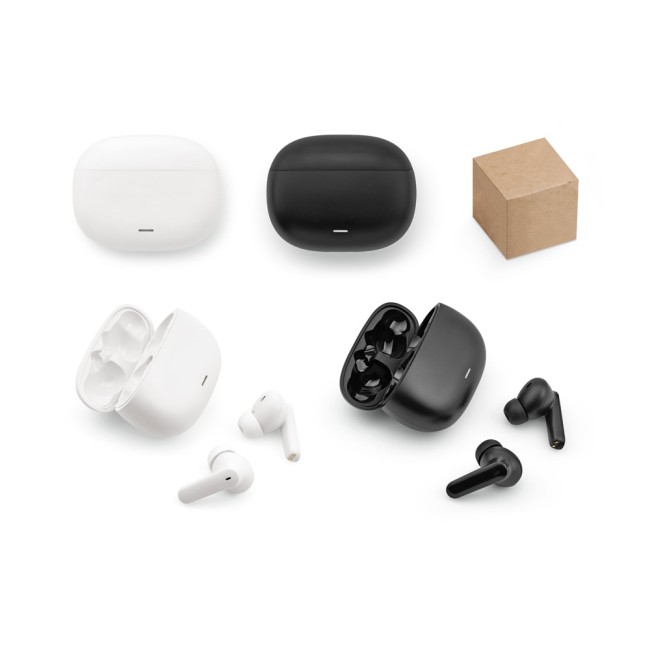 Fone de ouvido wireless com autonomia de 6h, em ABS 100% reciclado corporativo