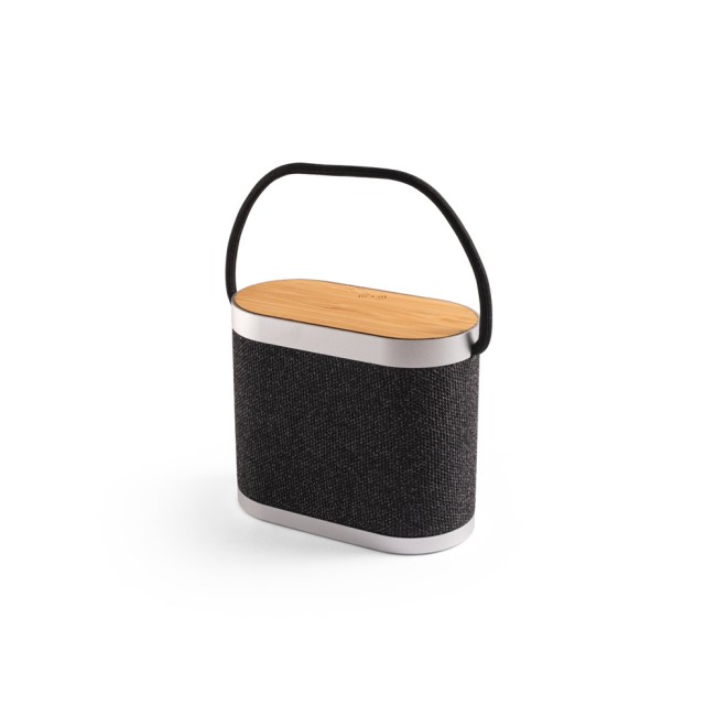 Caixa de som de 5W com carregador por indução super-rápido e autonomia de 2h (1'200 mAh), em bambu e PET 100% reciclado corporativo