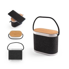 Caixa de som de 5W com carregador por indução super-rápido e autonomia de 2h (1'200 mAh), em bambu e PET 100% reciclado corporativo