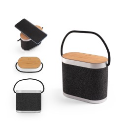 Caixa de som de 5W com carregador por indução super-rápido e autonomia de 2h (1'200 mAh), em bambu e PET 100% reciclado corporativo