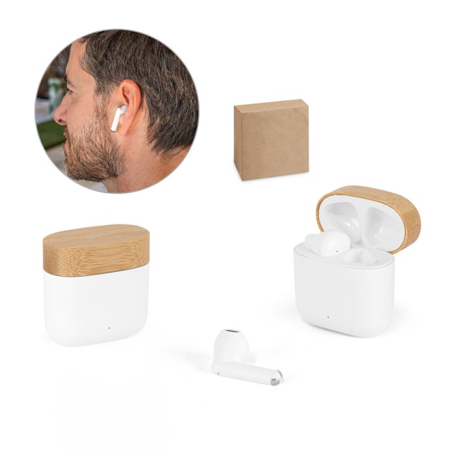 Fones de ouvido wireless com autonomia de 5h (300 mAh), em ABS 100% reciclado e bambu corporativo