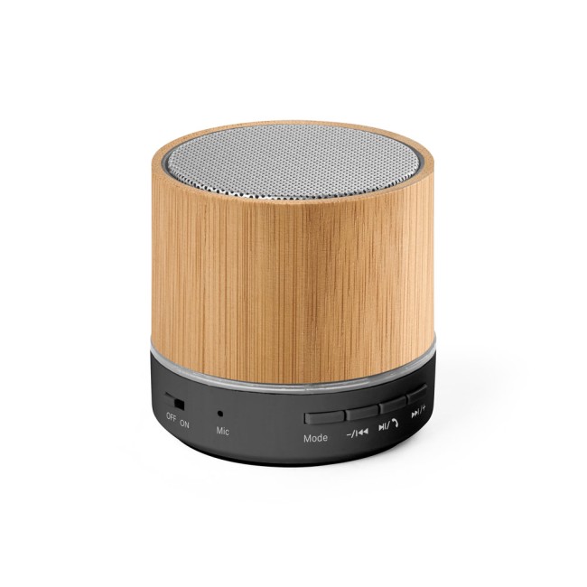 Caixa de som portátil com microfone e autonomia de 4h30 (400 mAH), em bambu e ABS 100% reciclado com logotipo